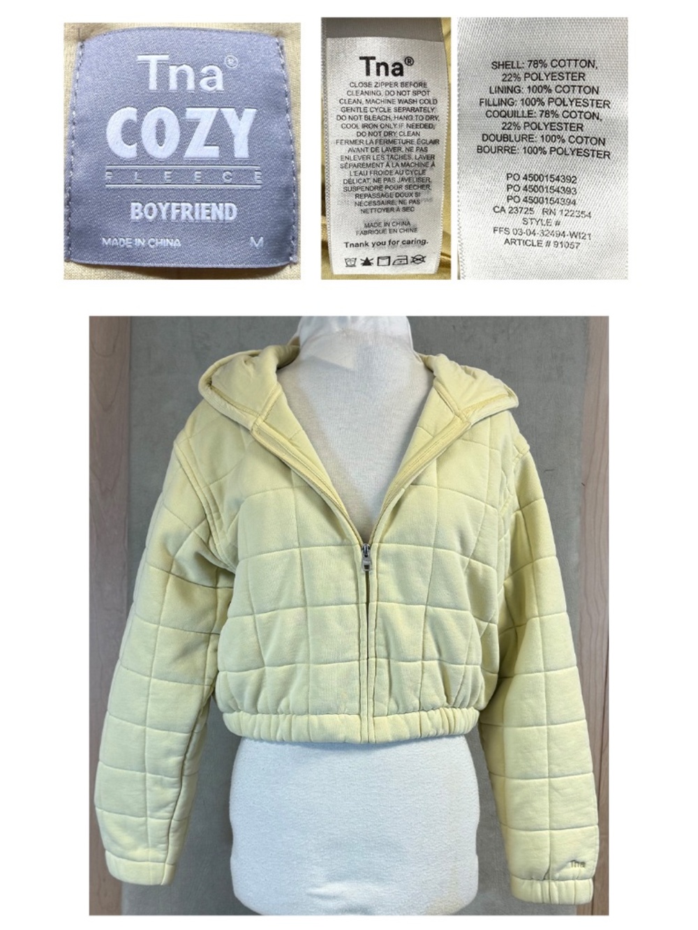 Aritzia TNA Quilted Cozy Fleece Boyfriend Boxy Cropped Zip Hoodie Yellow M